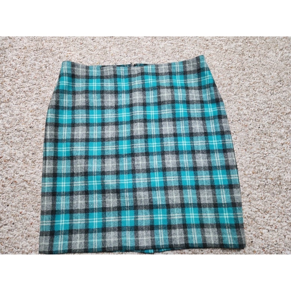 Talbots 14 Teal Gray Plaid Lined Flannel Wool Blend Pencil Skirt 36x21